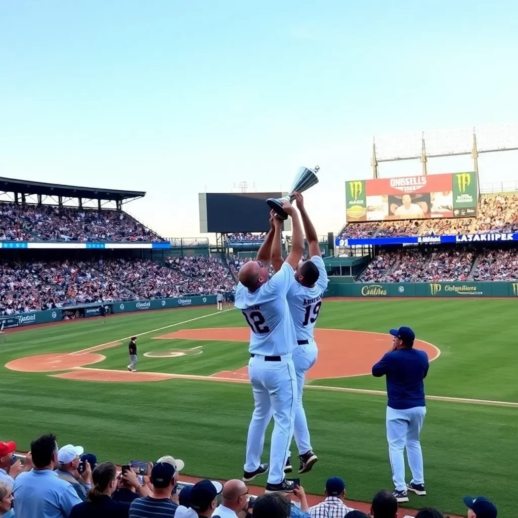 Baseball field with cheering crowd and trophy celebration.