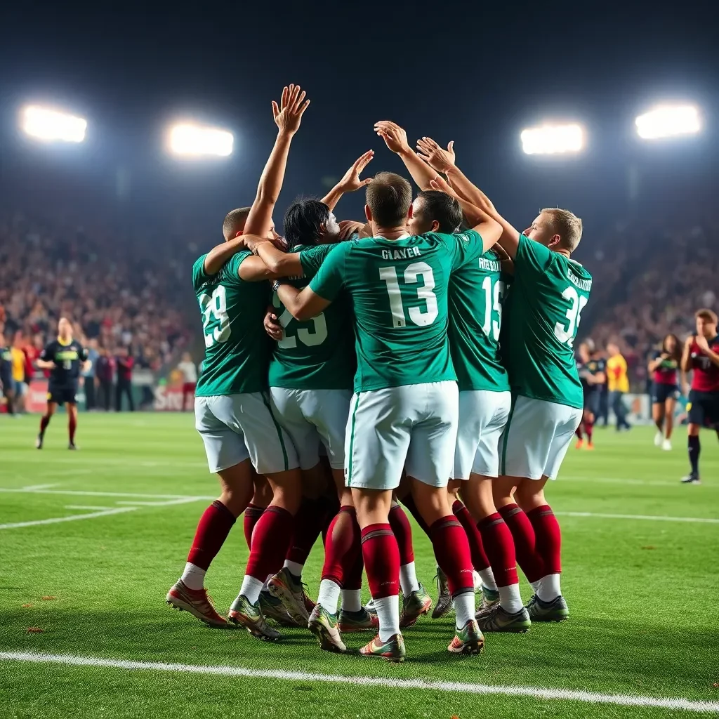 Dominant sports team celebrating victory on the field.