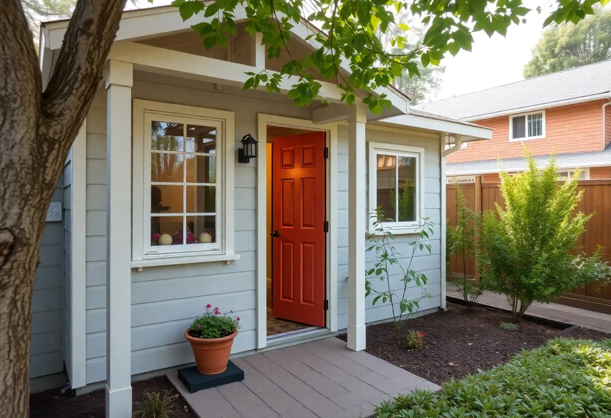 An accessory dwelling unit surrounded by greenery.
