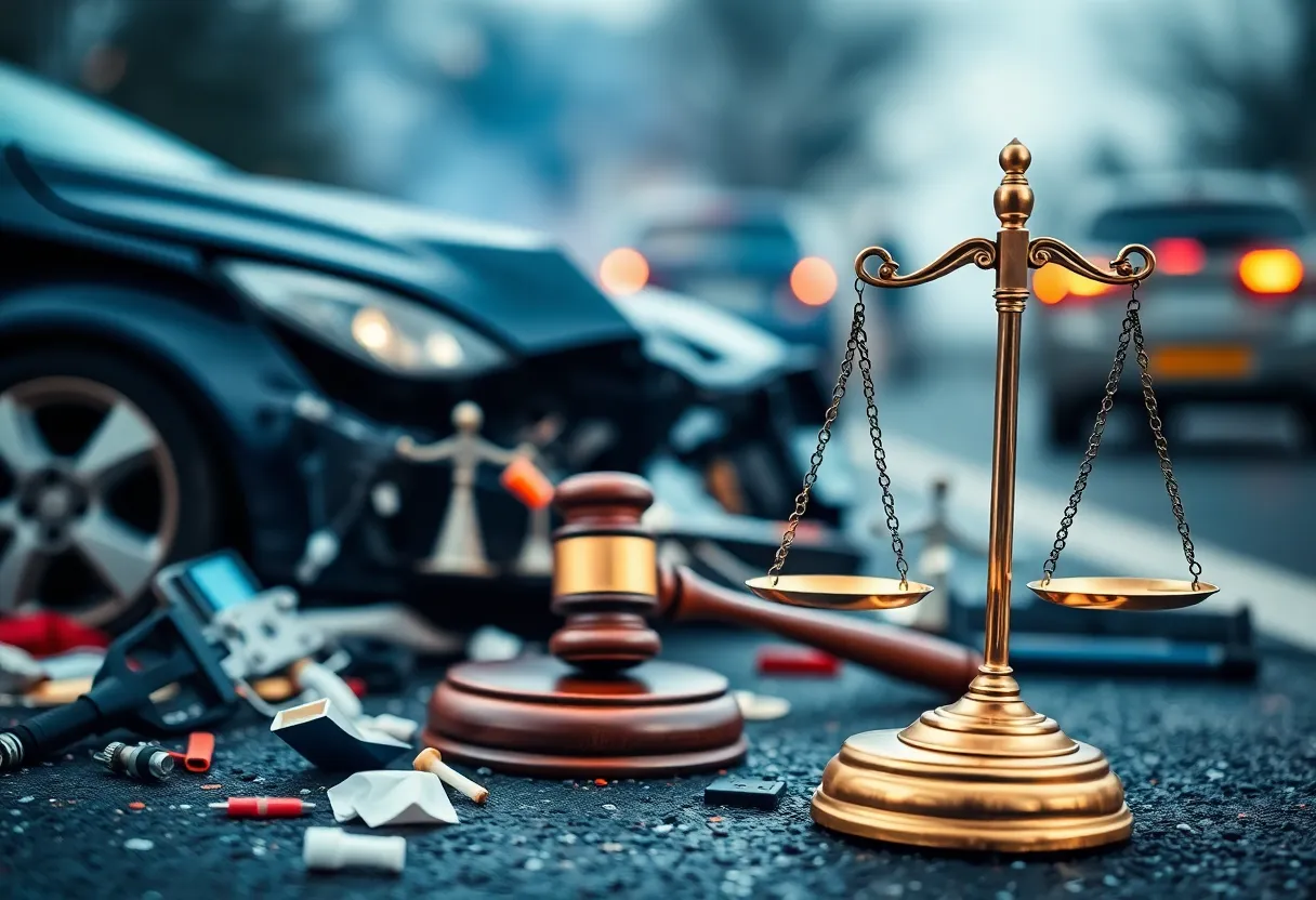 Abstract representation of a road traffic accident with symbols of justice.