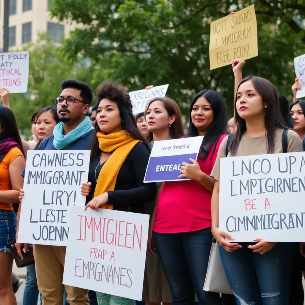 A group of diverse individuals advocating for the rights of immigrants during a community rally.