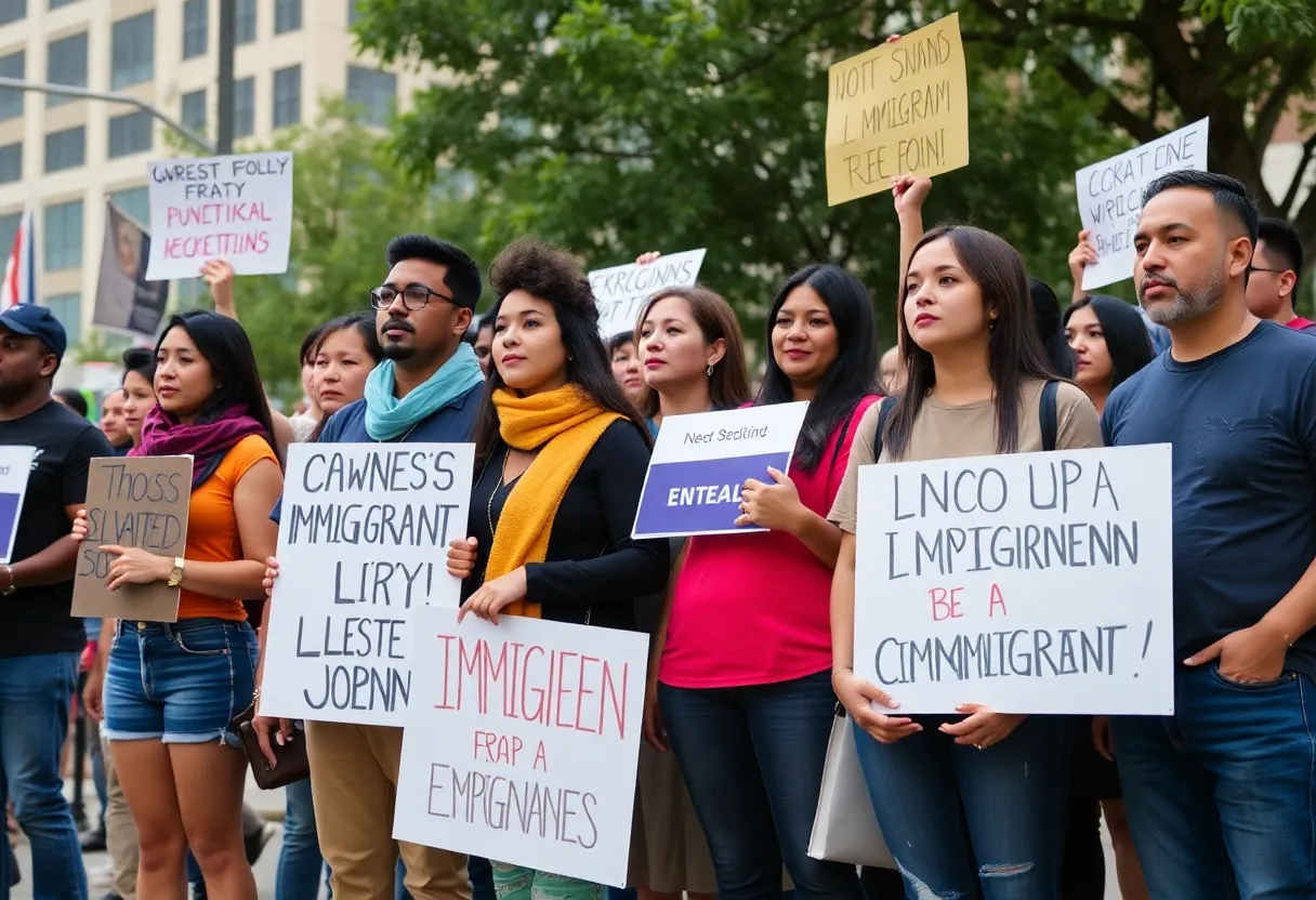 A group of diverse individuals advocating for the rights of immigrants during a community rally.