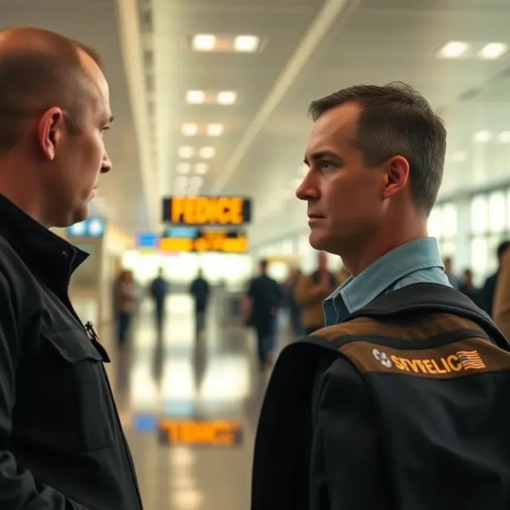 Agents questioning individuals at an airport