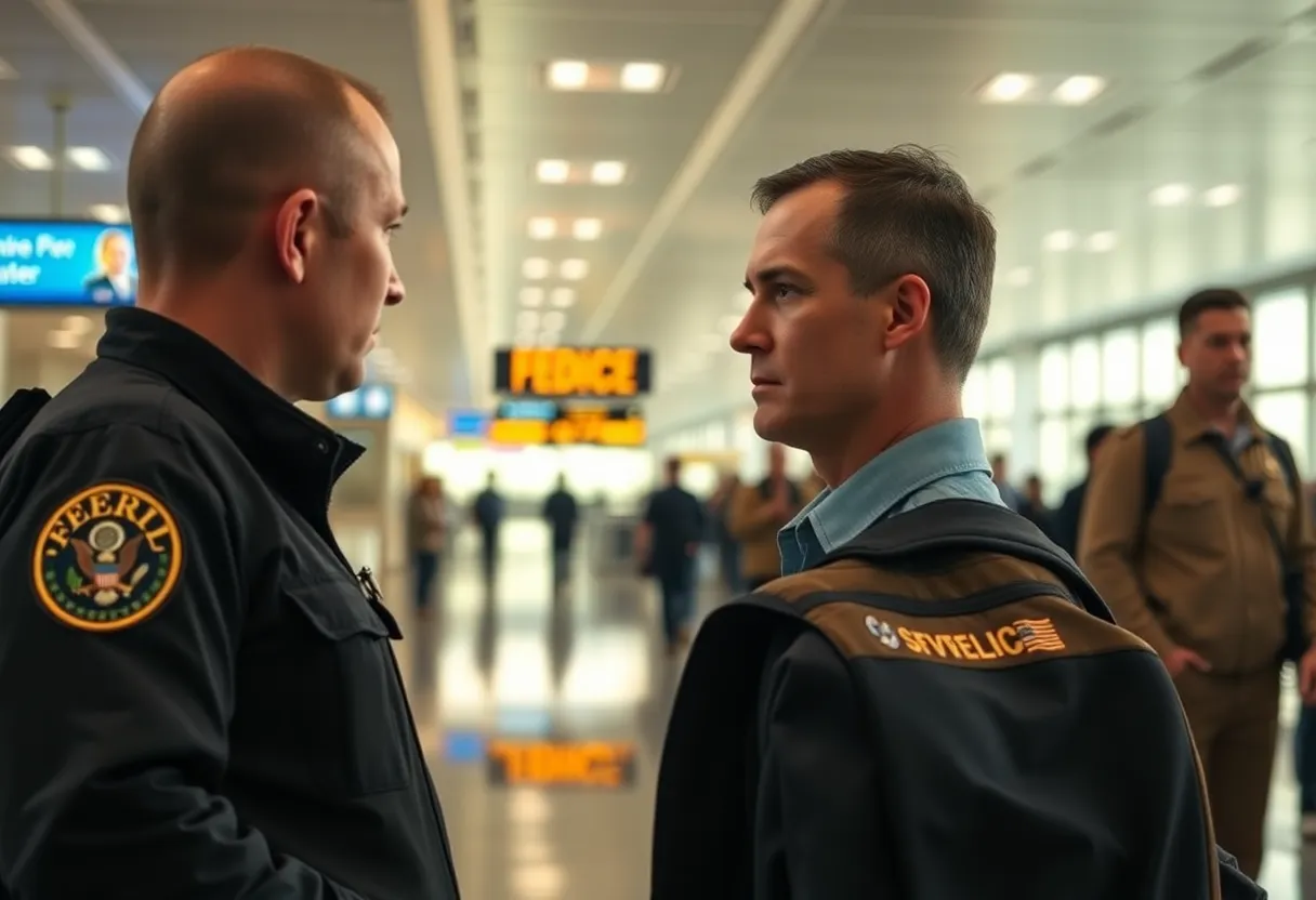 Agents questioning individuals at an airport