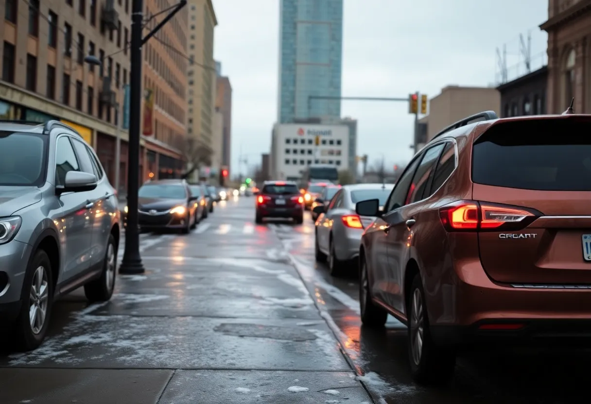 Icy sidewalks and busy traffic in Albany cityscape
