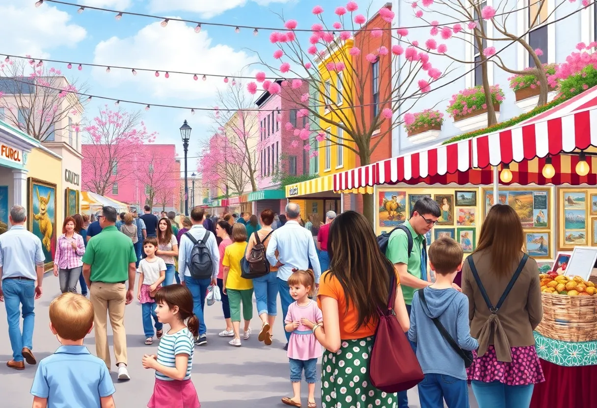 A vibrant collage of April events in Charleston SC including families enjoying activities, art walks, and food festivals.