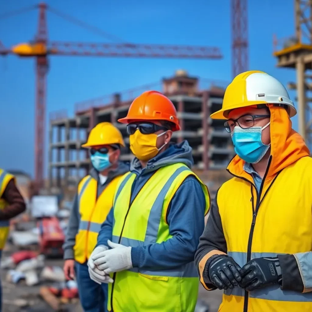 Workers at a construction site focused on safety regarding asbestos.