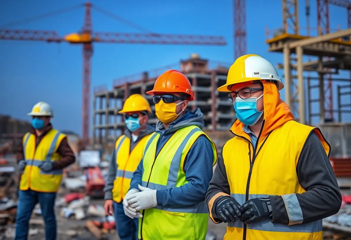 Workers at a construction site focused on safety regarding asbestos.