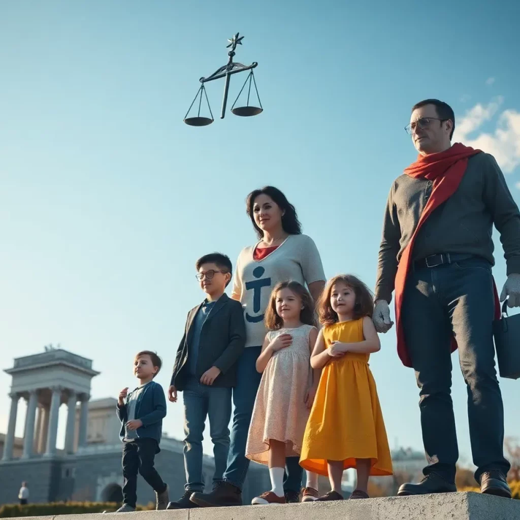 A representation of a family seeking justice amidst historical buildings and environmental concerns.