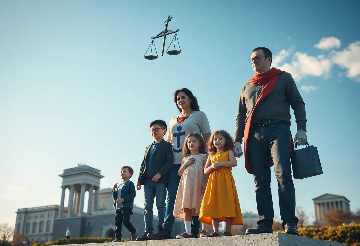 A representation of a family seeking justice amidst historical buildings and environmental concerns.