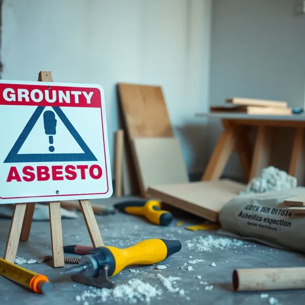 Caution sign indicating asbestos presence during home renovation.