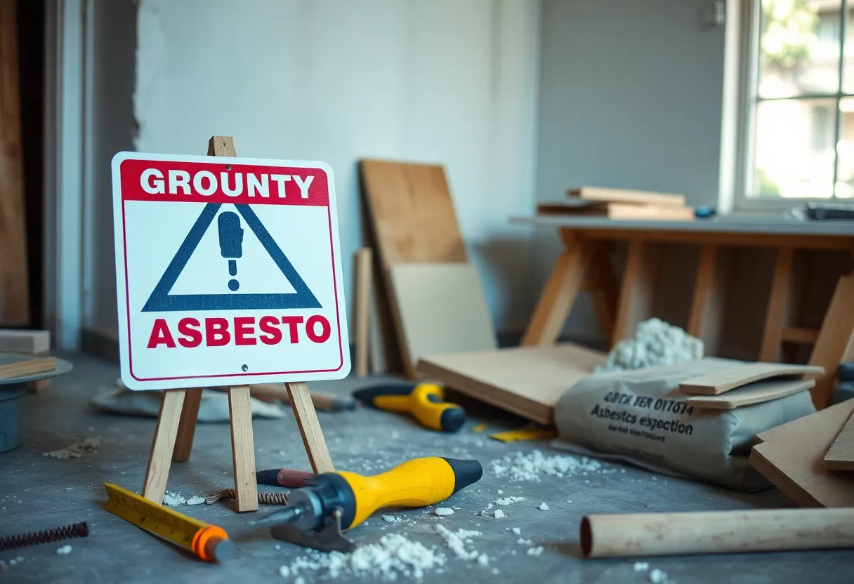 Caution sign indicating asbestos presence during home renovation.
