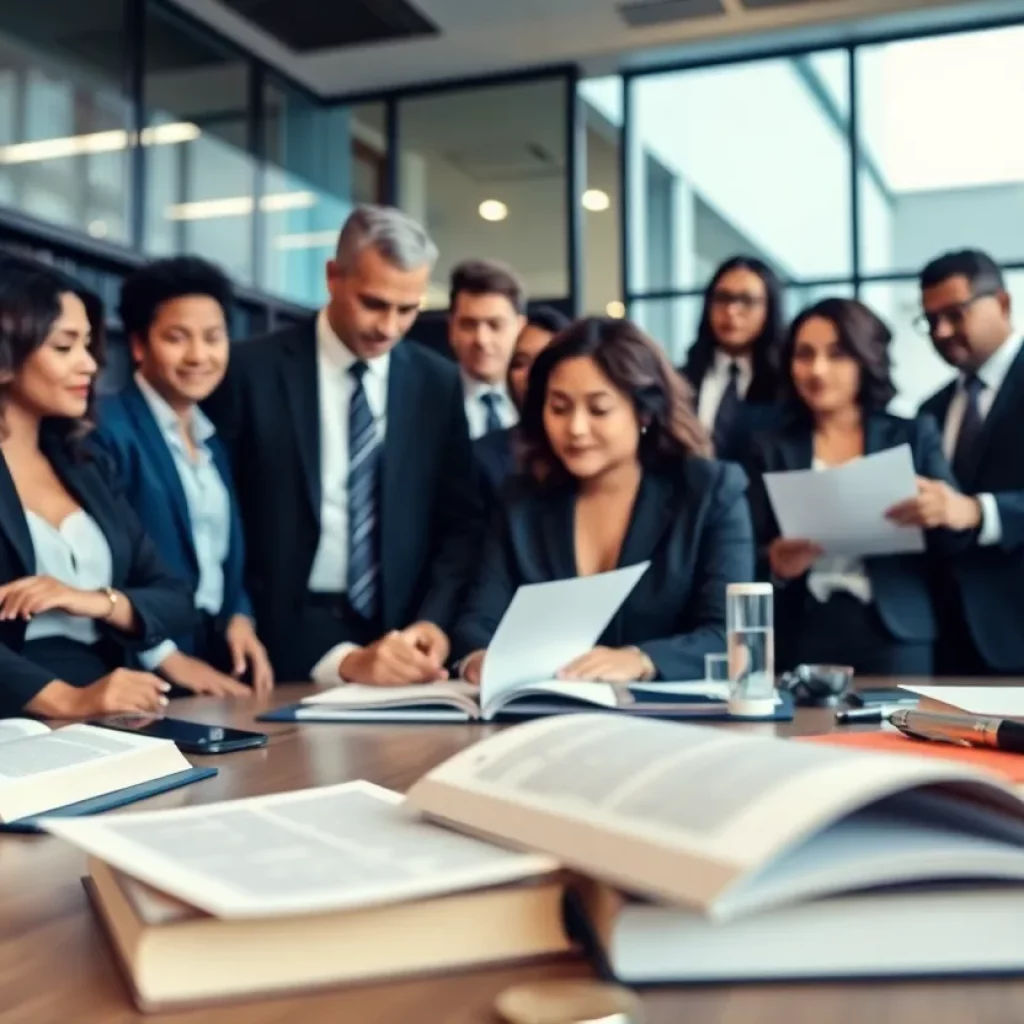 Lawyers in a modern office discussing a personal injury case
