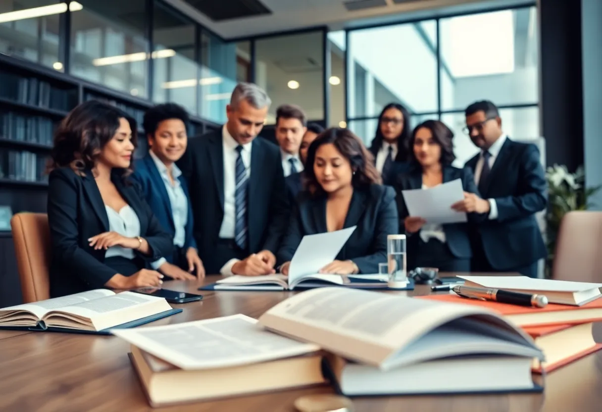 Lawyers in a modern office discussing a personal injury case