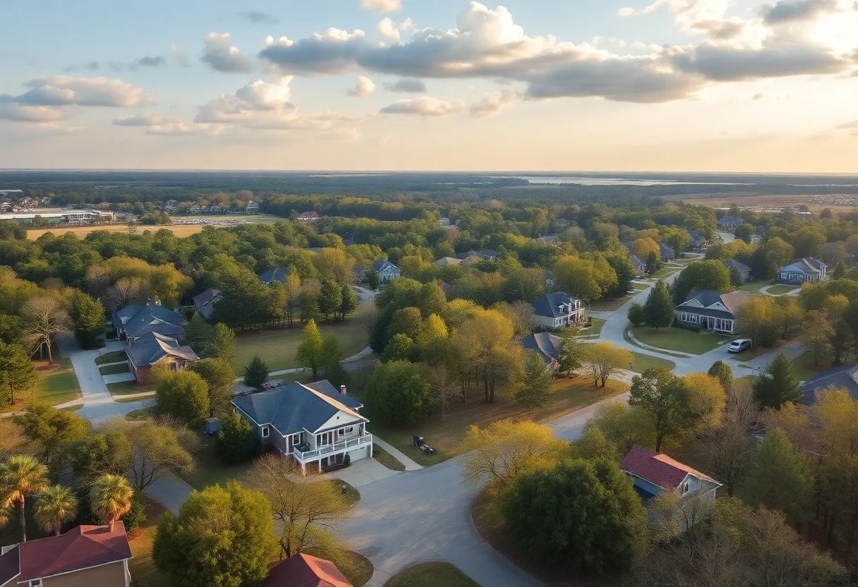 Scenic neighborhoods in South Carolina with parks and homes.