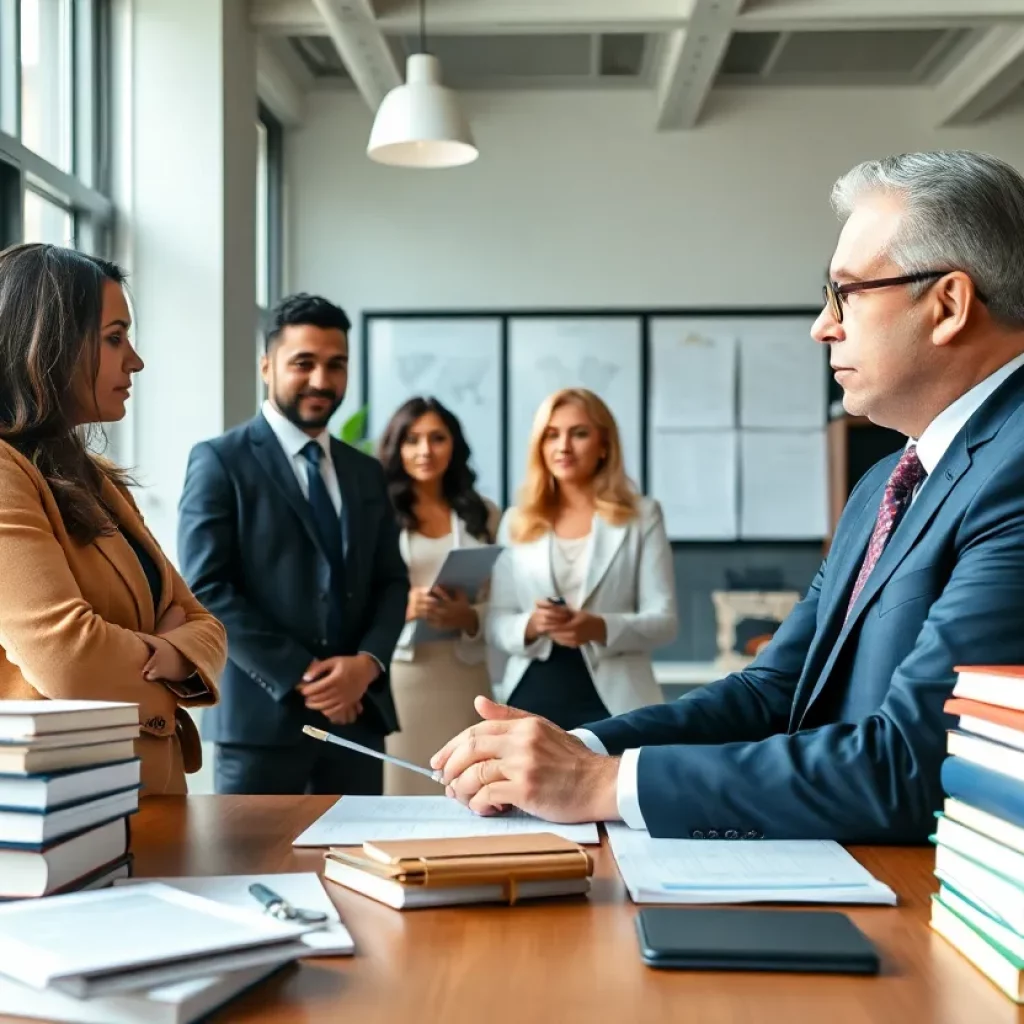 Brandon Smith meeting with a law team in an office.