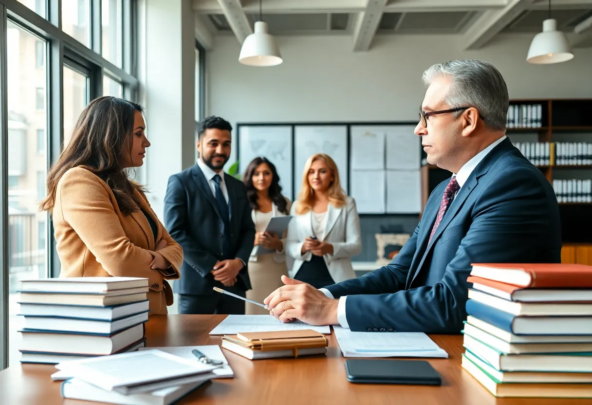 Brandon Smith meeting with a law team in an office.