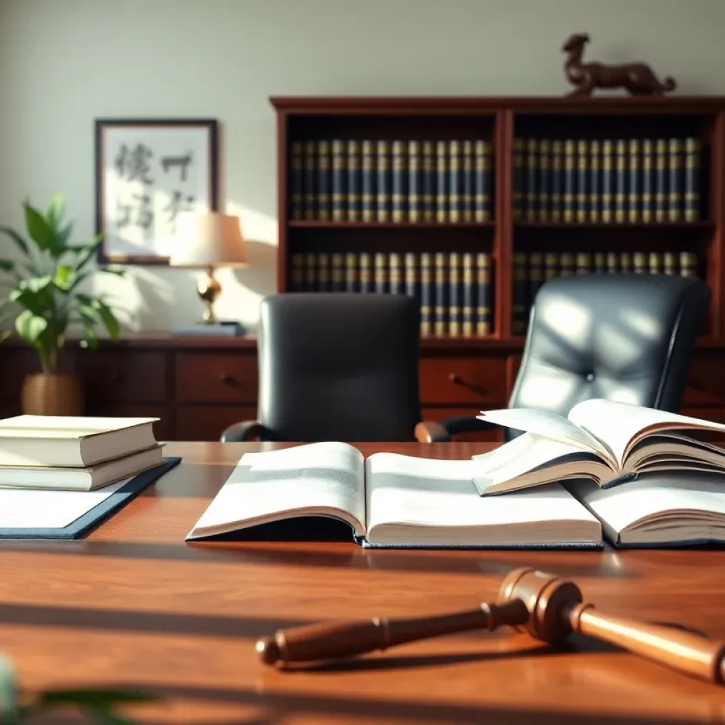 Interior of a lawyer's office with legal books and decor