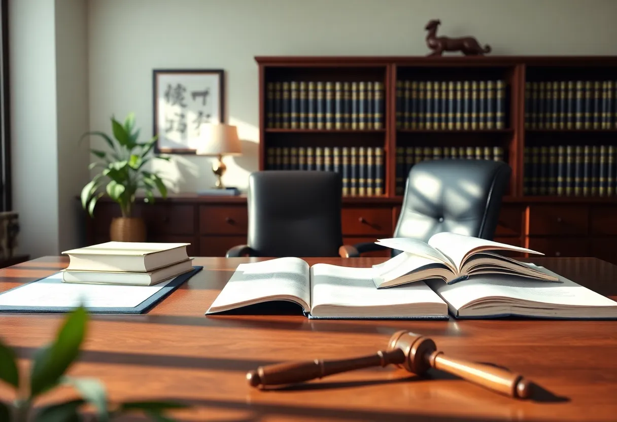 Interior of a lawyer's office with legal books and decor