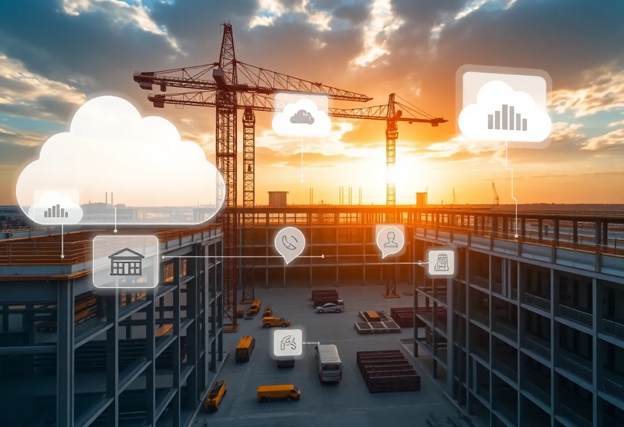 An illustration of a construction site with digital technology highlighting procurement efficiency