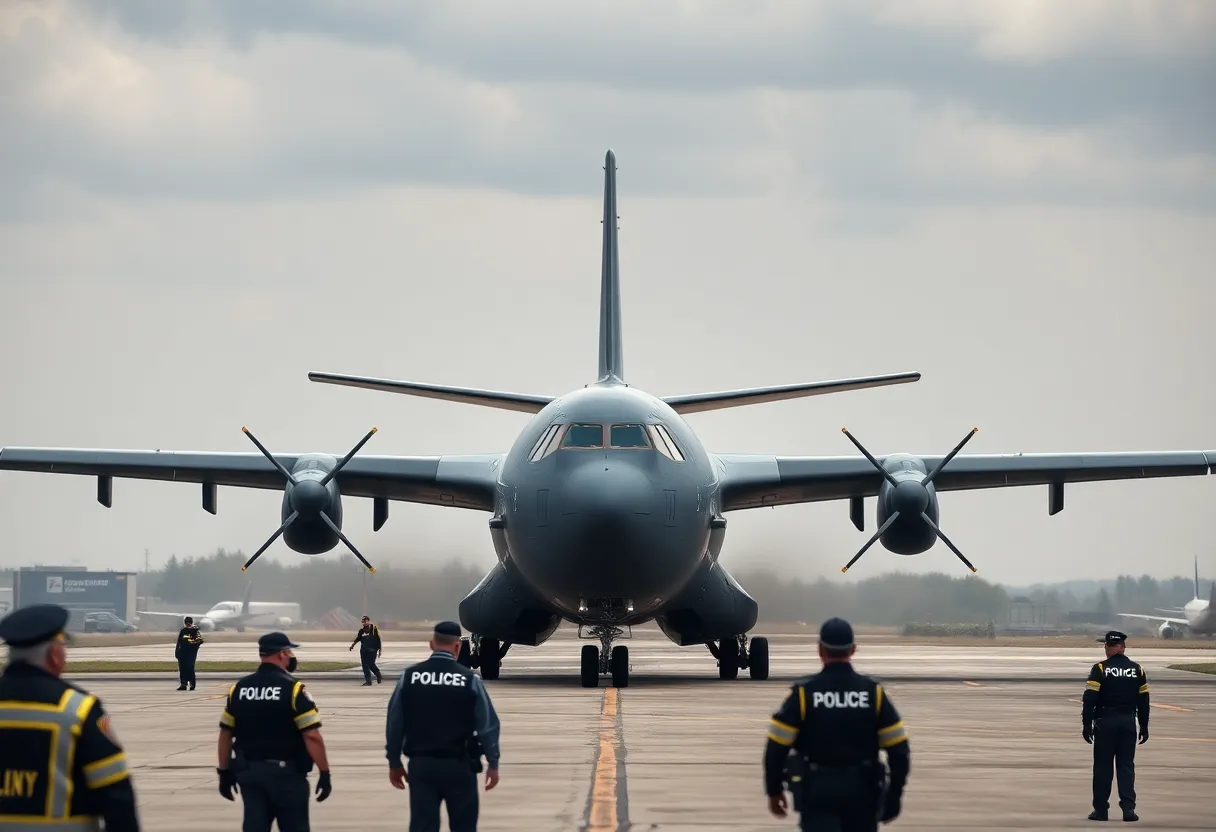 Military aircraft landing with law enforcement present