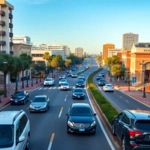 A busy road in Charleston showcasing urban development.