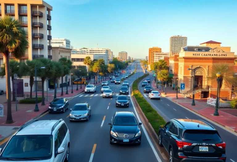 A busy road in Charleston showcasing urban development.