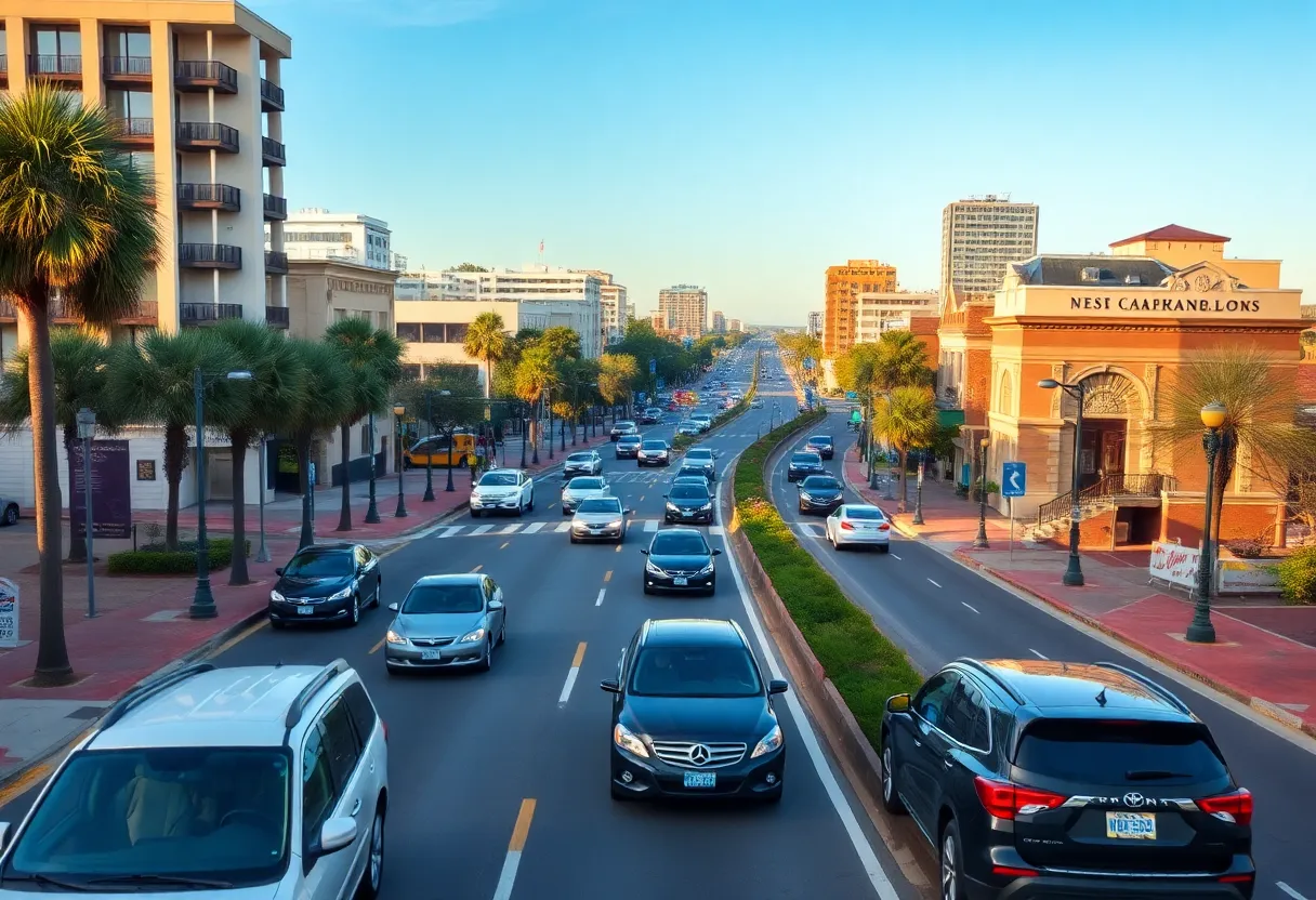 A busy road in Charleston showcasing urban development.