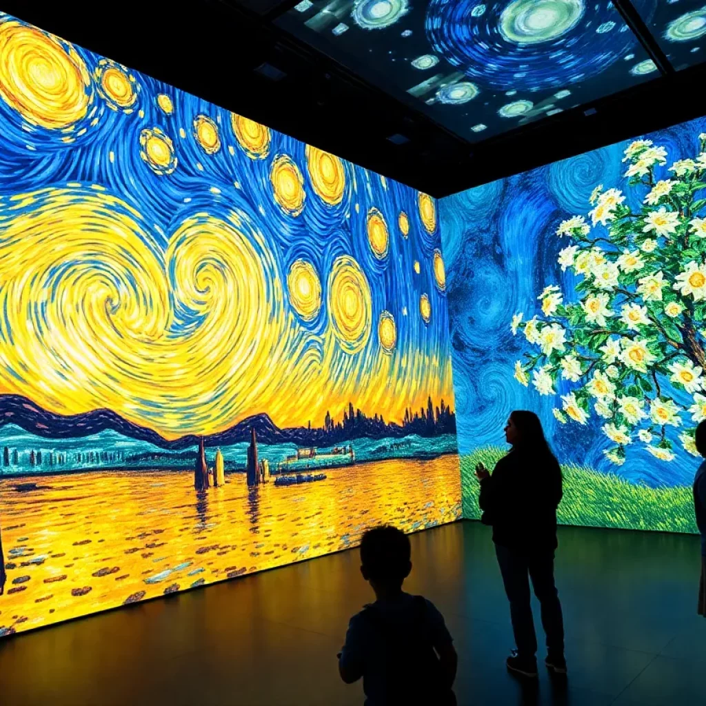 Visitors admiring immersive art installations of Van Gogh and Monet