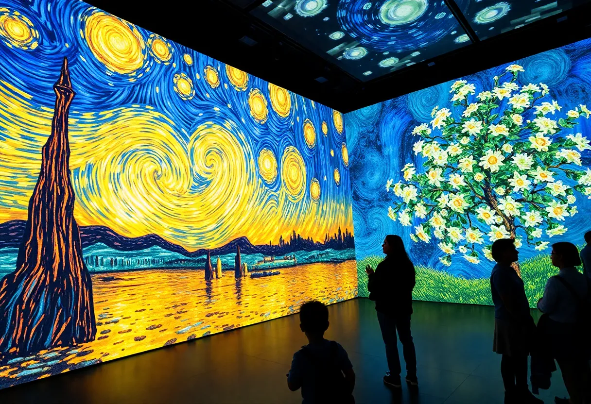 Visitors admiring immersive art installations of Van Gogh and Monet