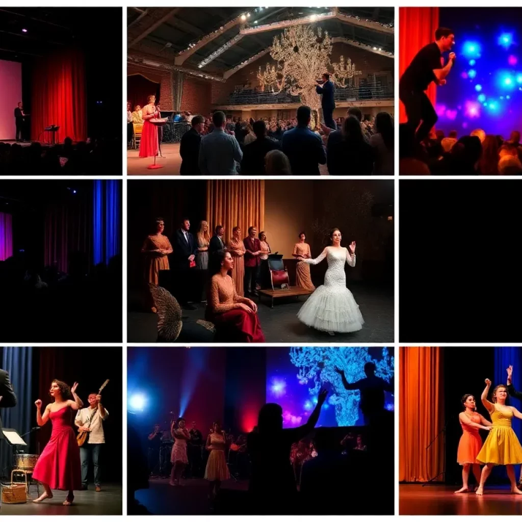 A collage representing Charleston's vibrant arts scene with performances and events.
