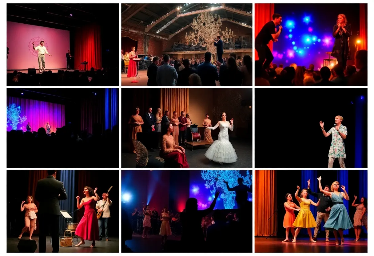A collage representing Charleston's vibrant arts scene with performances and events.