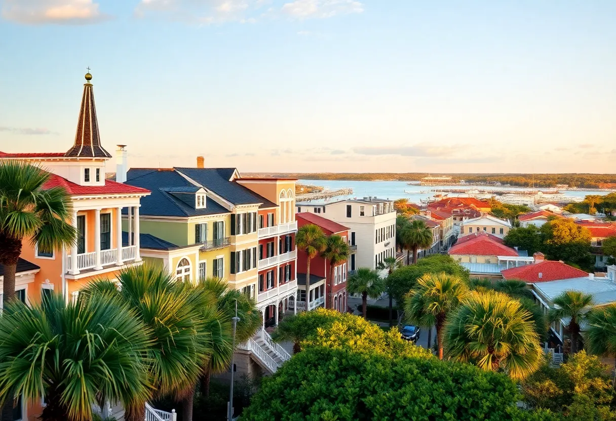 Scenic view of Charleston showcasing its historical buildings and waterfront