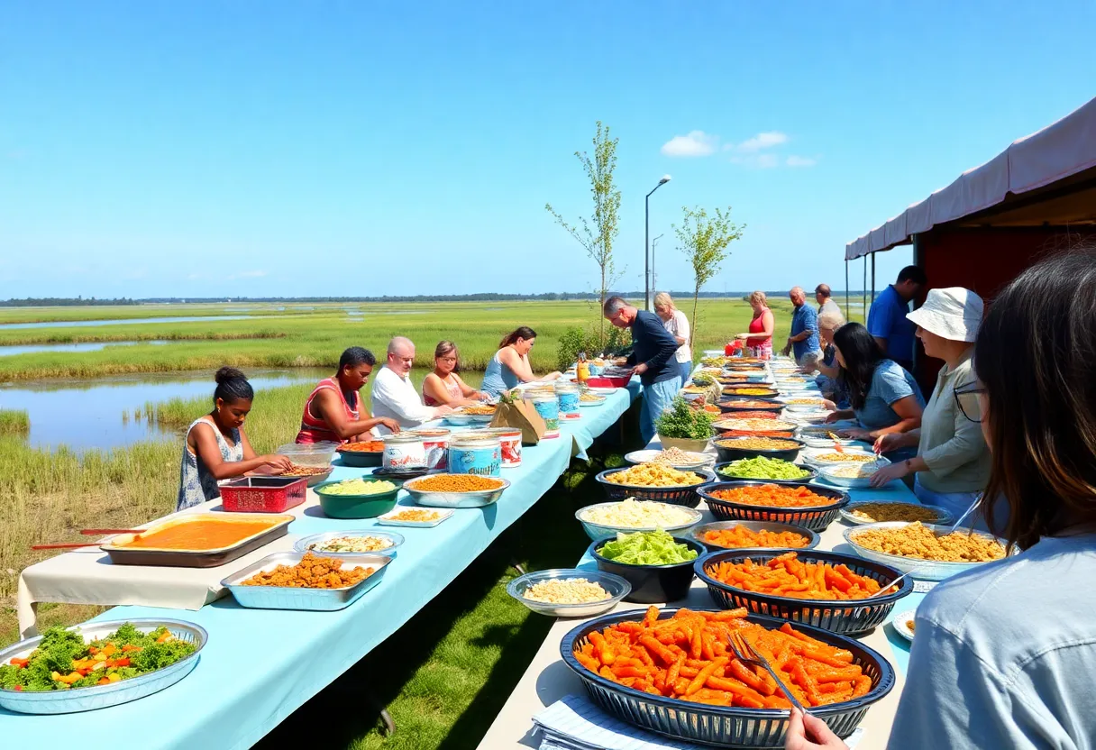 Chef’s Potluck gathering with diverse dishes and happy attendees