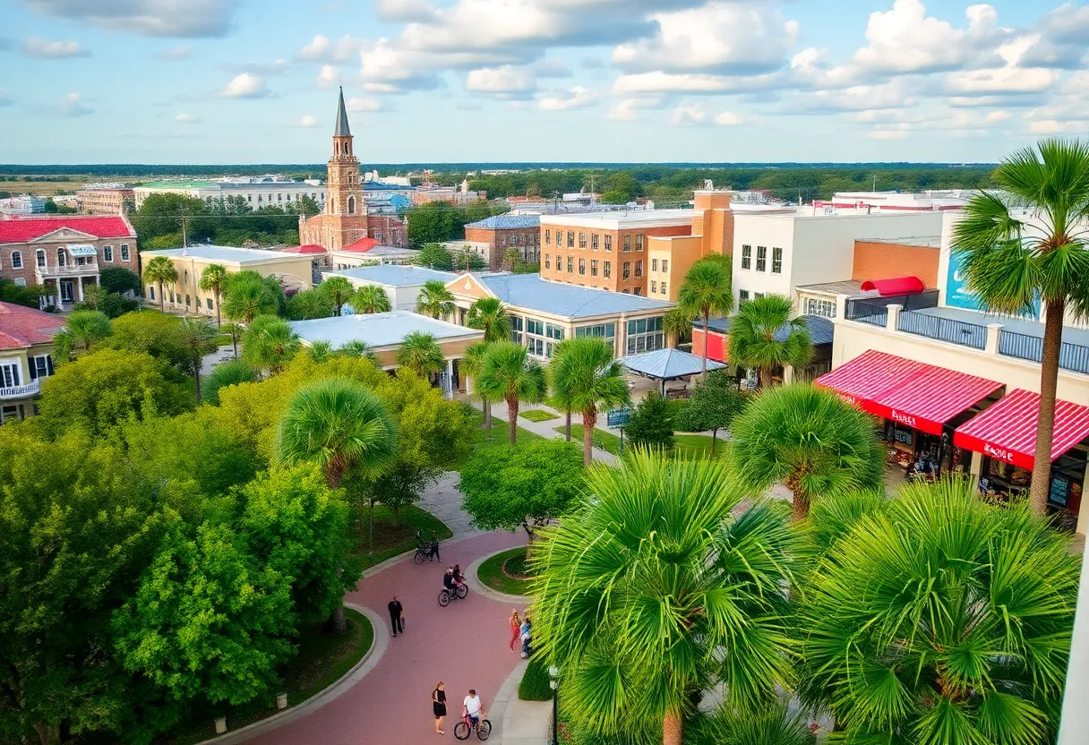 A scenic view of Charleston featuring parks and retail areas