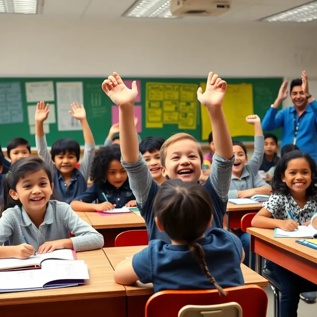Students celebrating attendance rewards in a classroom