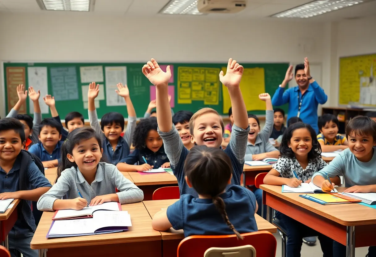 Students celebrating attendance rewards in a classroom