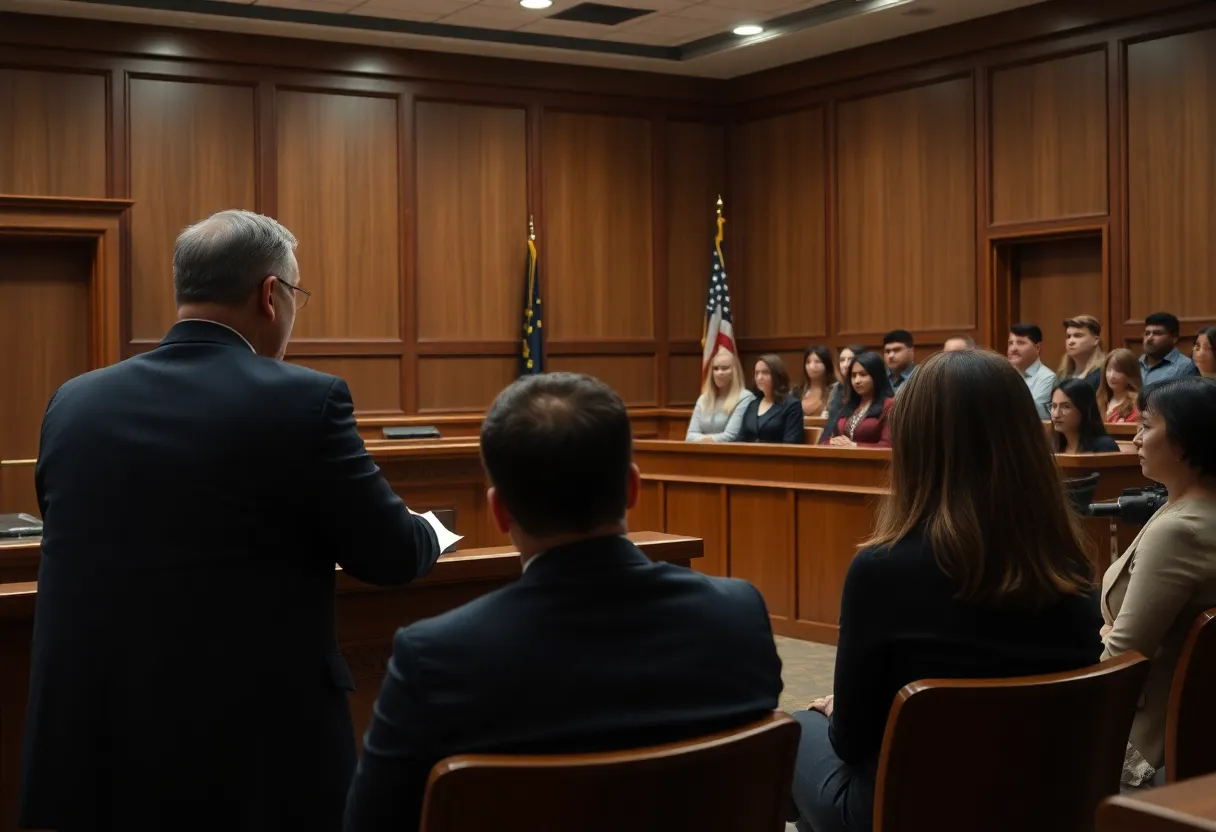 Courtroom scene during a harassment and stalking case in Charleston.