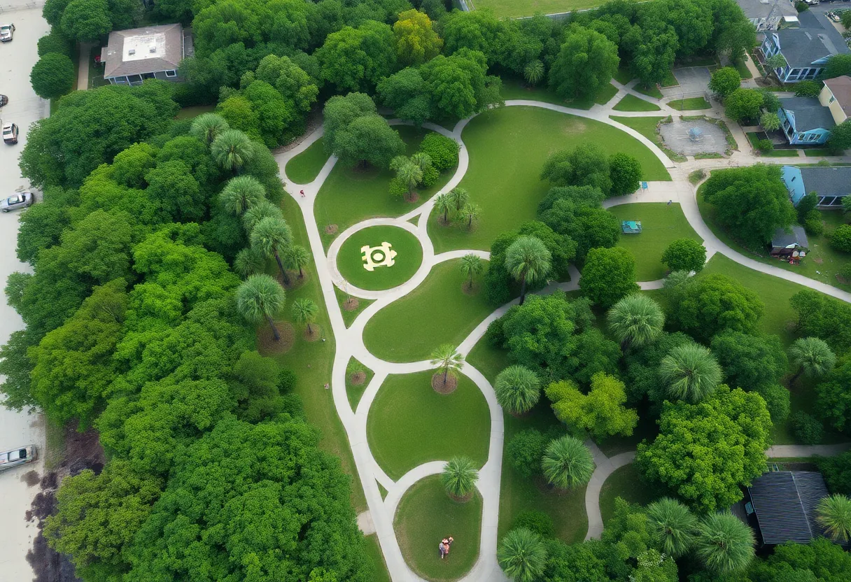 Aerial view of Charleston greenbelt projects featuring parks and pathways.