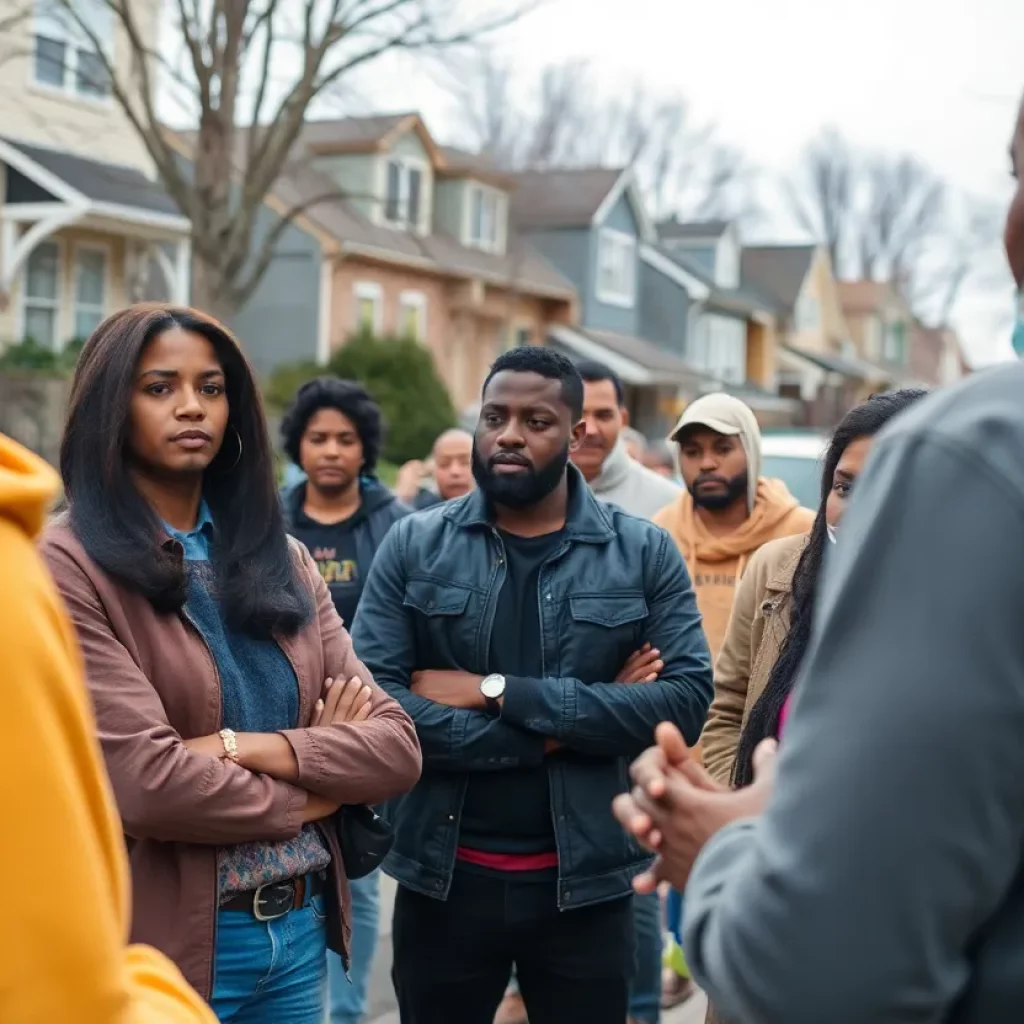 Residents discussing neighborhood safety after recent gun incidents.