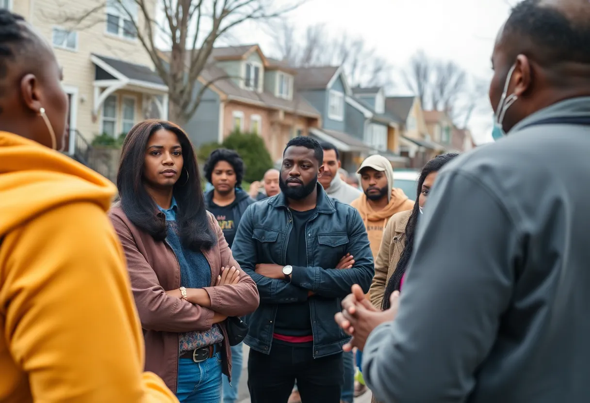 Residents discussing neighborhood safety after recent gun incidents.