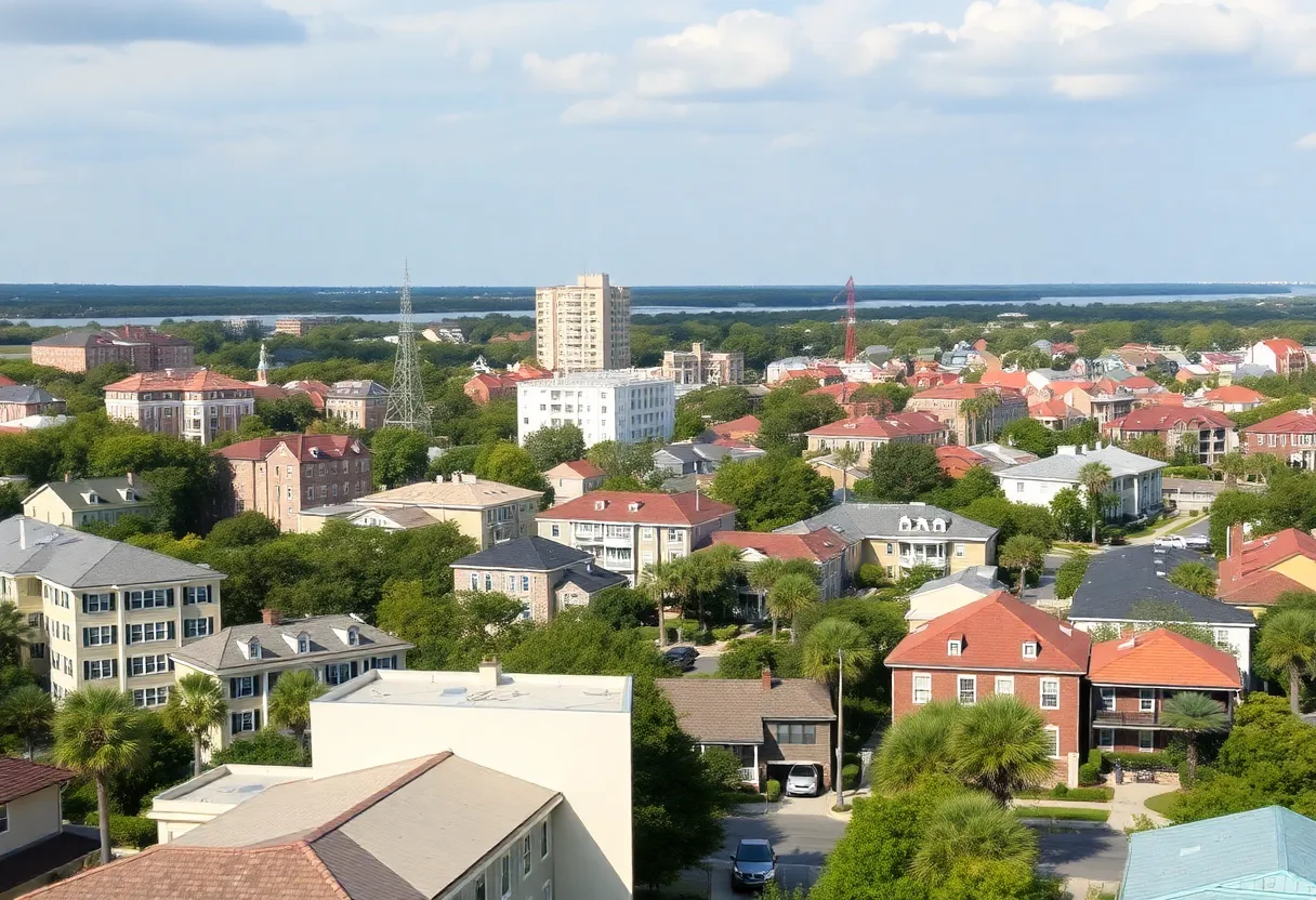 Aerial view of Charleston, SC with multi-family housing and scenic views.
