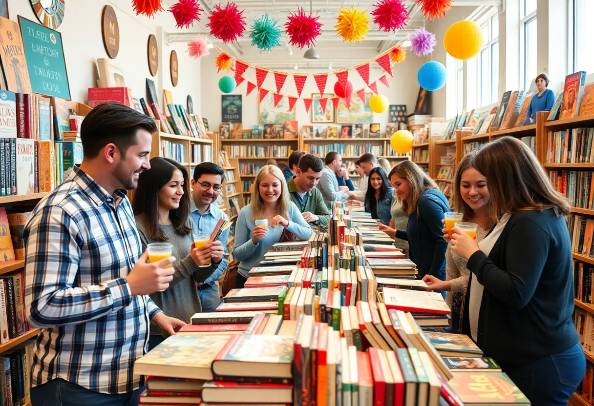 Community members celebrating Independent Bookstore Day in Charleston