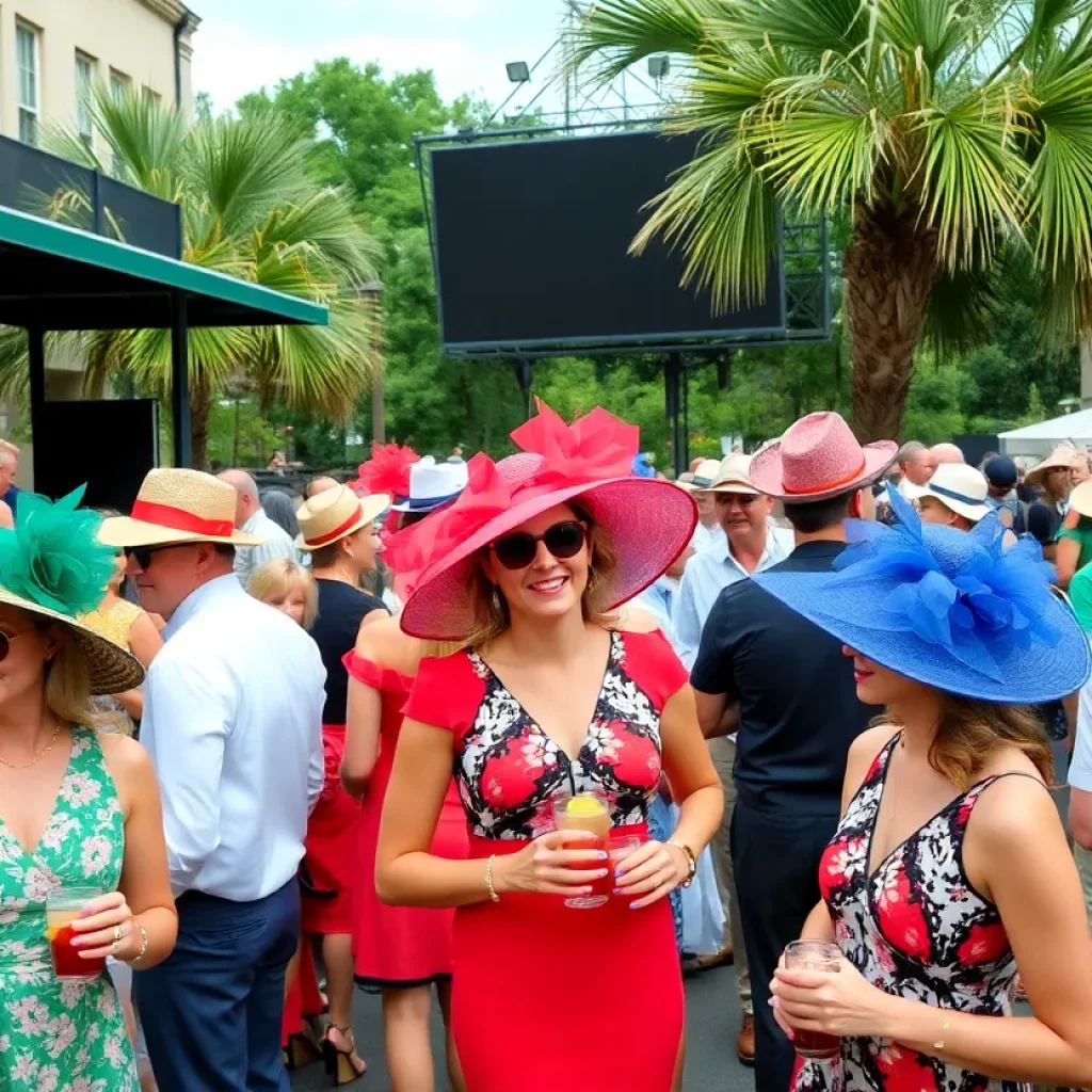 Attendees enjoying Kentucky Derby party in Charleston with cocktails and fashion