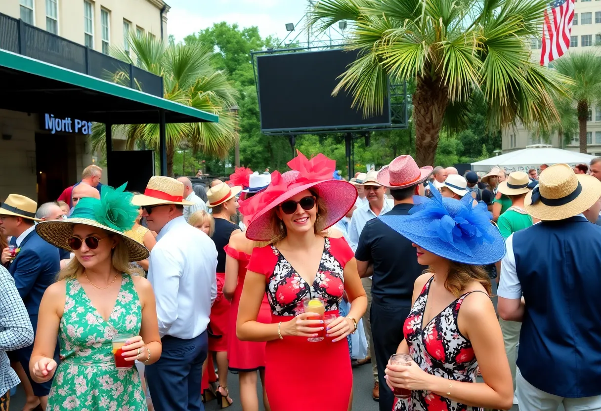 Attendees enjoying Kentucky Derby party in Charleston with cocktails and fashion