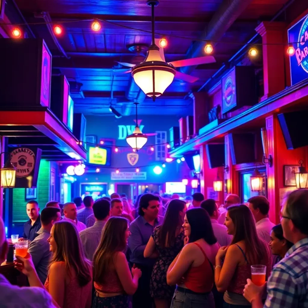 Vibrant Charleston bar scene showcasing nightlife activities and people socializing with drinks.