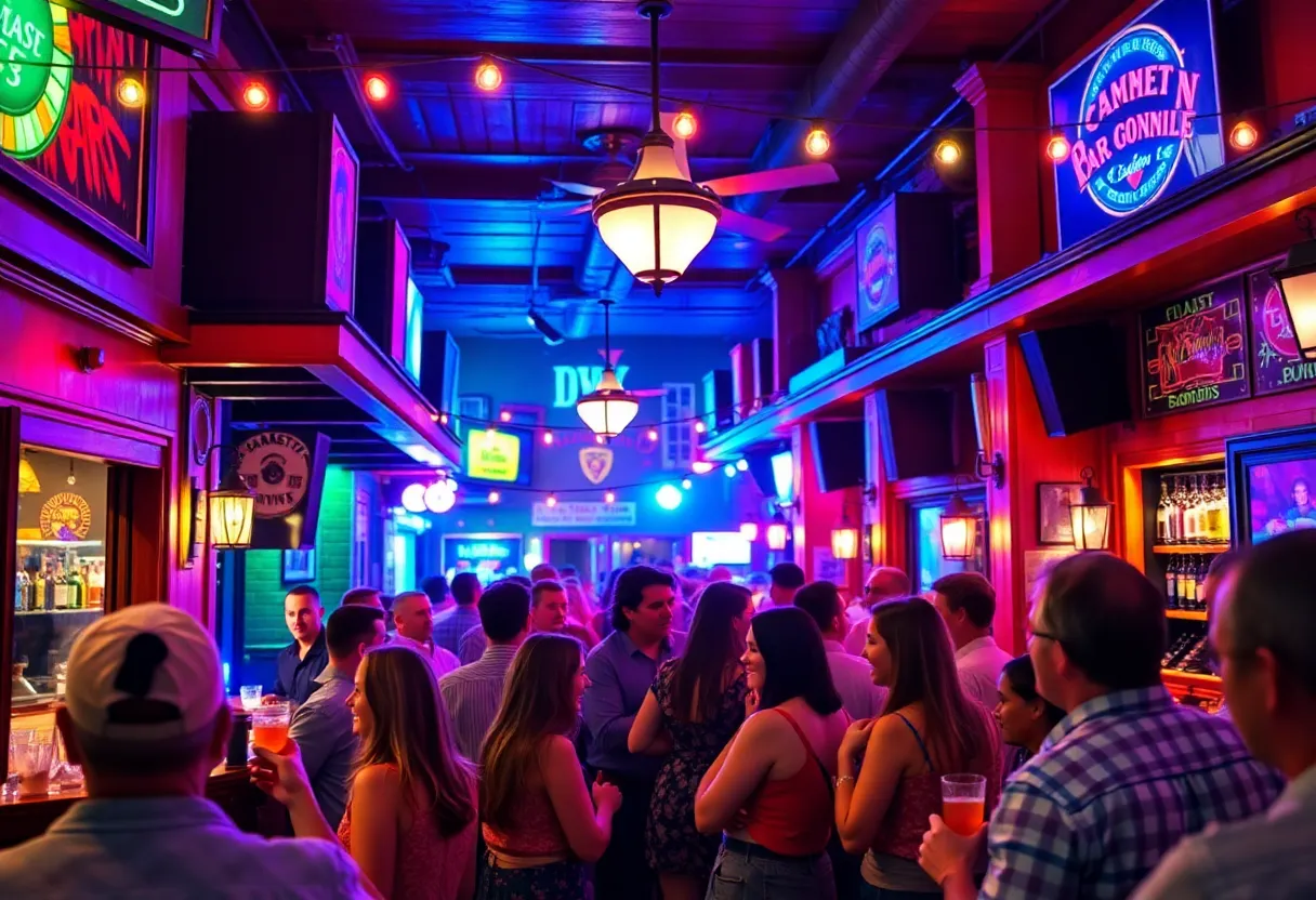Vibrant Charleston bar scene showcasing nightlife activities and people socializing with drinks.