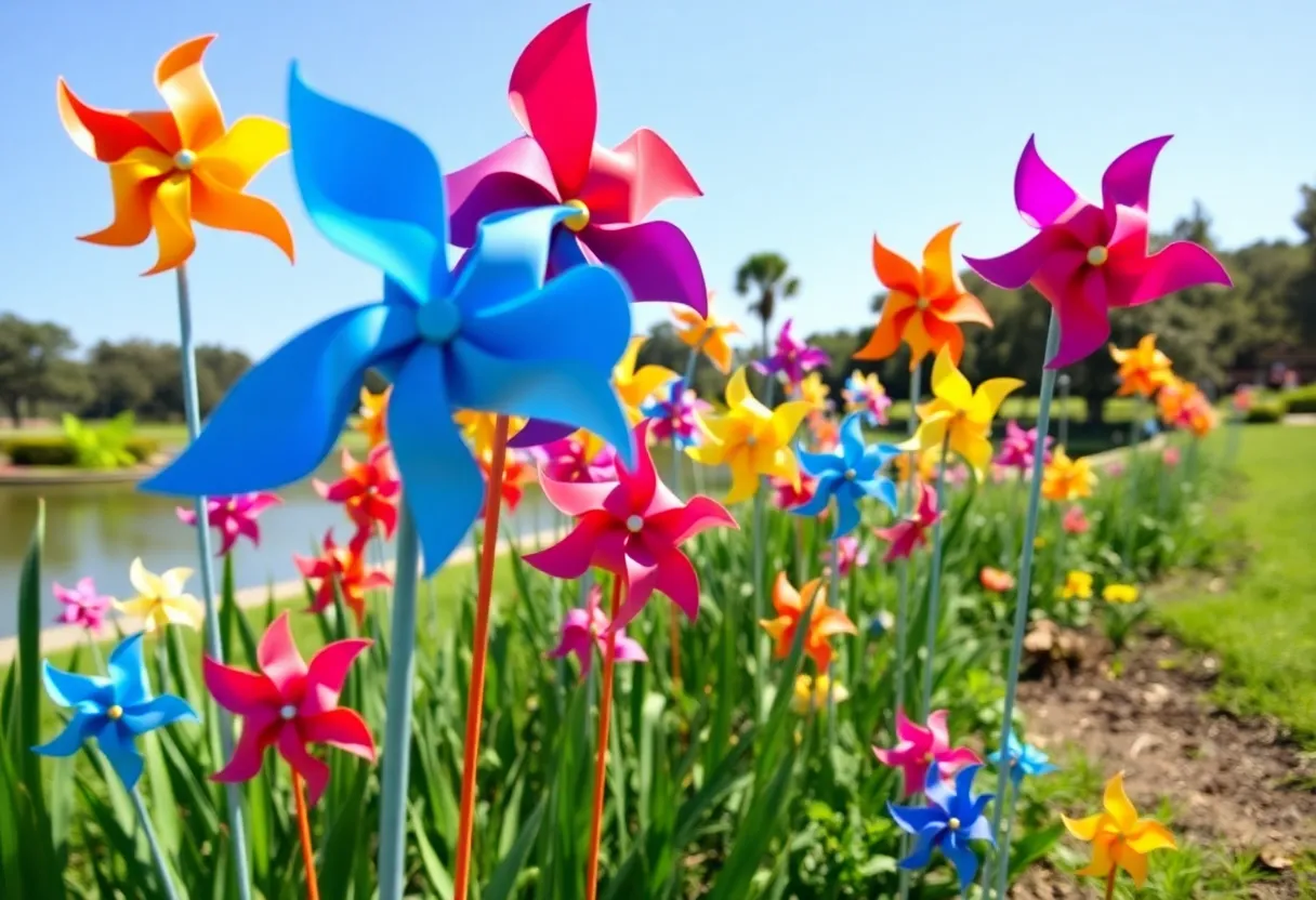 Colorful pinwheels planted in Colonial Lake as a part of child abuse awareness initiative in Charleston.