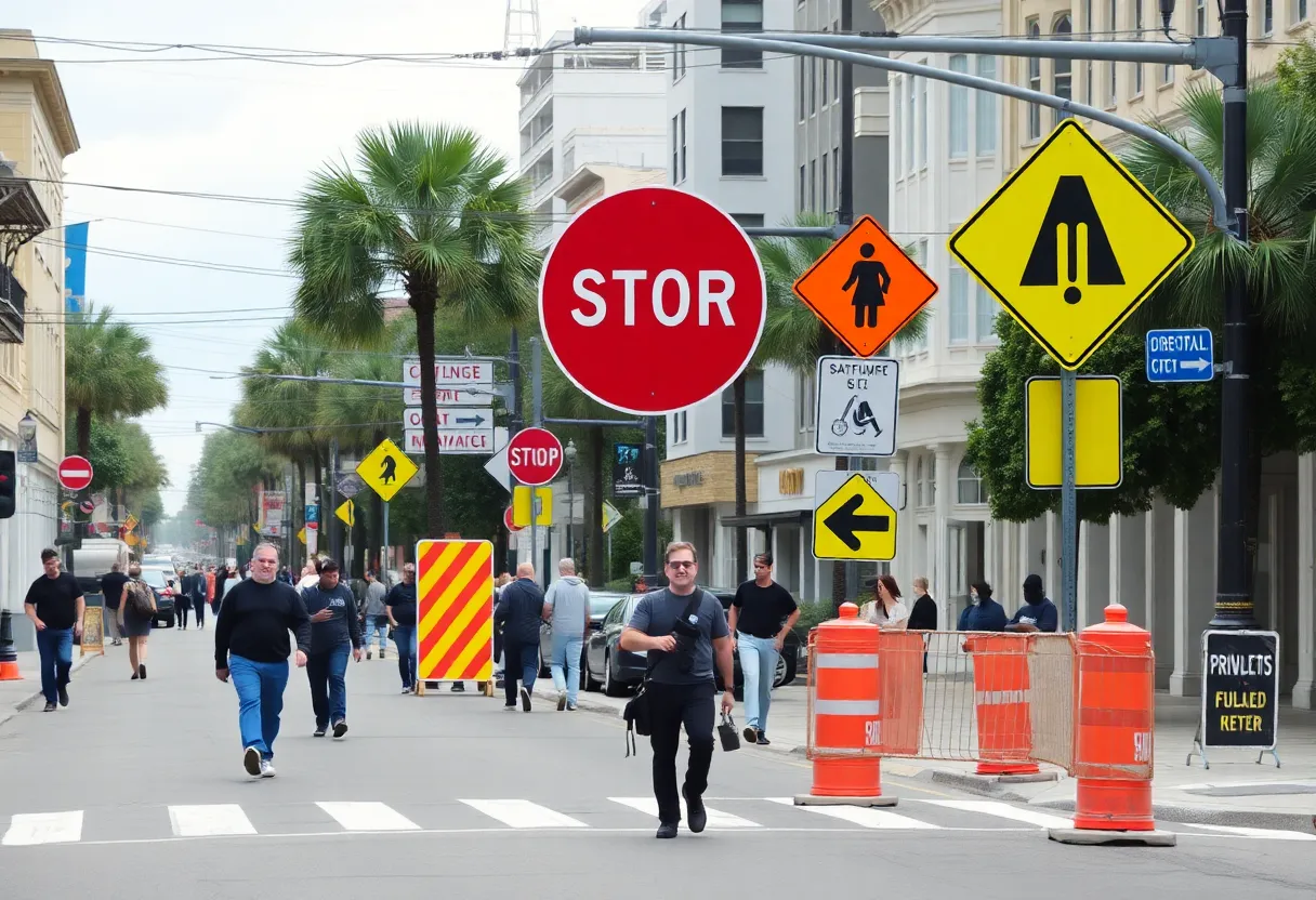 Road construction site in Charleston County with safety signs.