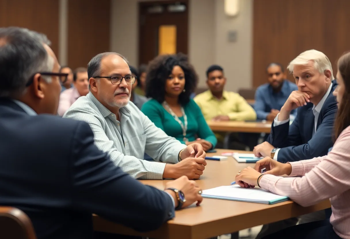 Community meeting discussing Charleston School District consulting contracts